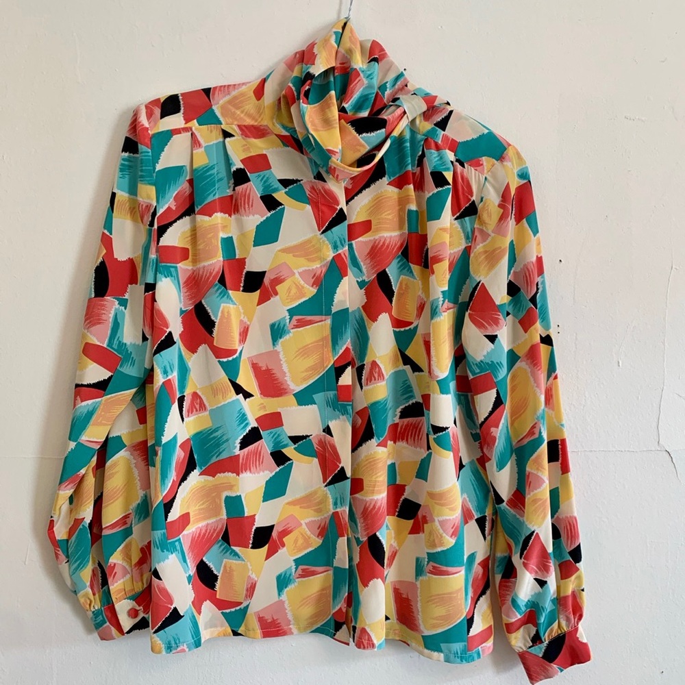 Vintage Scarf Neck Multicolored Blouse 🍡 Size 10